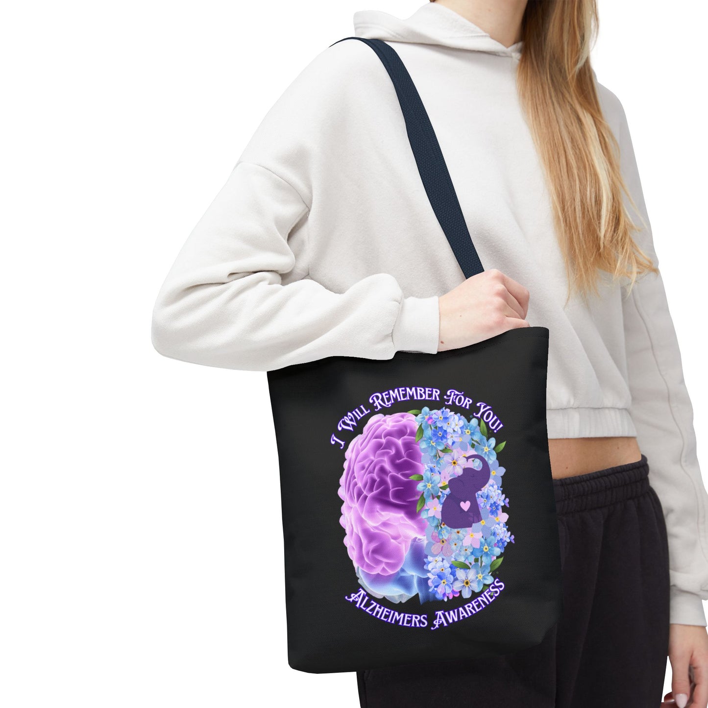 Alzheimer’s Awareness Tote Bag — “I Will Remember For You” Purple Brain Design