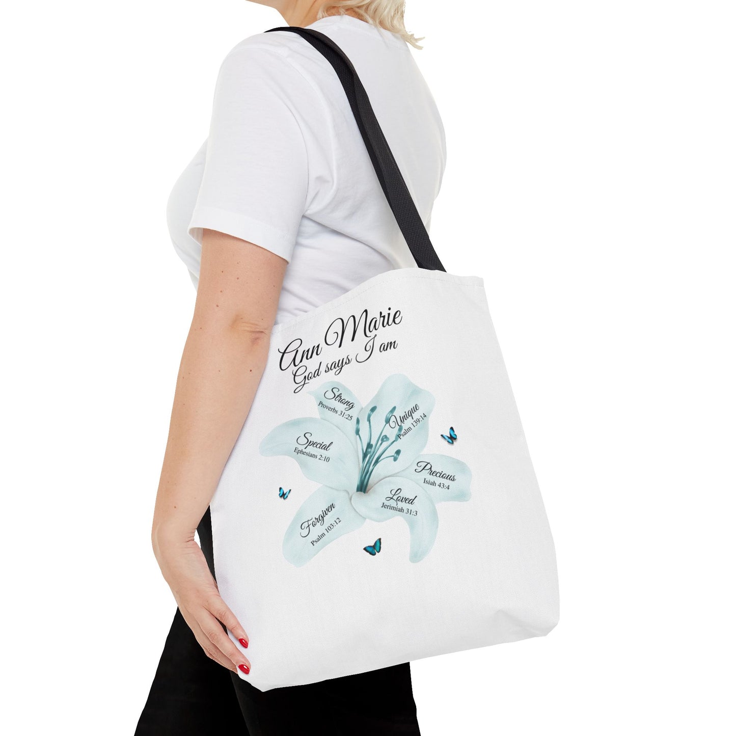Personalized Floral Name Tote Bag – "God Says I Am" Inspirational Lily Tote