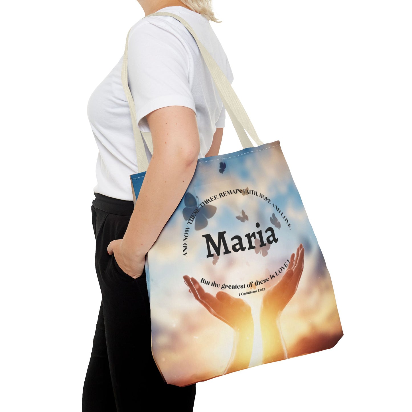 Inspirational Butterfly Tote Bag — Uplifting Hands & Quote All-Over Print
