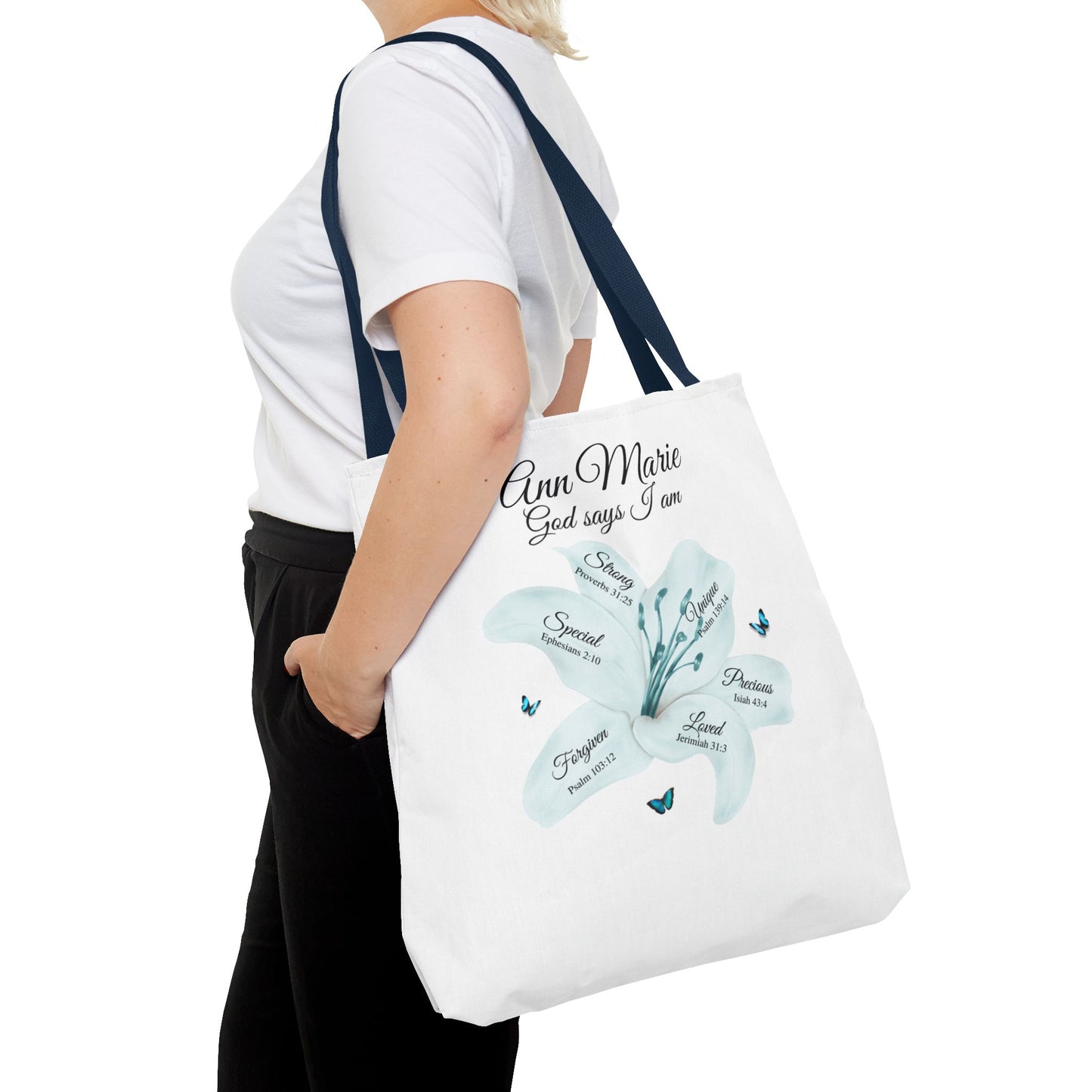 Personalized Floral Name Tote Bag – "God Says I Am" Inspirational Lily Tote