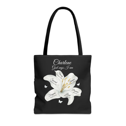 Personalized Lily Tote Bag - "God Says I Am" Inspirational Floral Tote