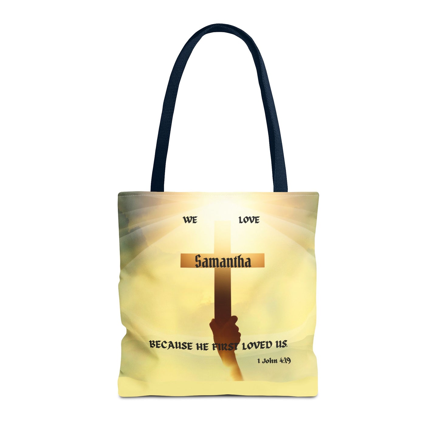 Personalized Christian Cross Tote Bag — "Samantha" Inspirational Scripture 1 John 4:19