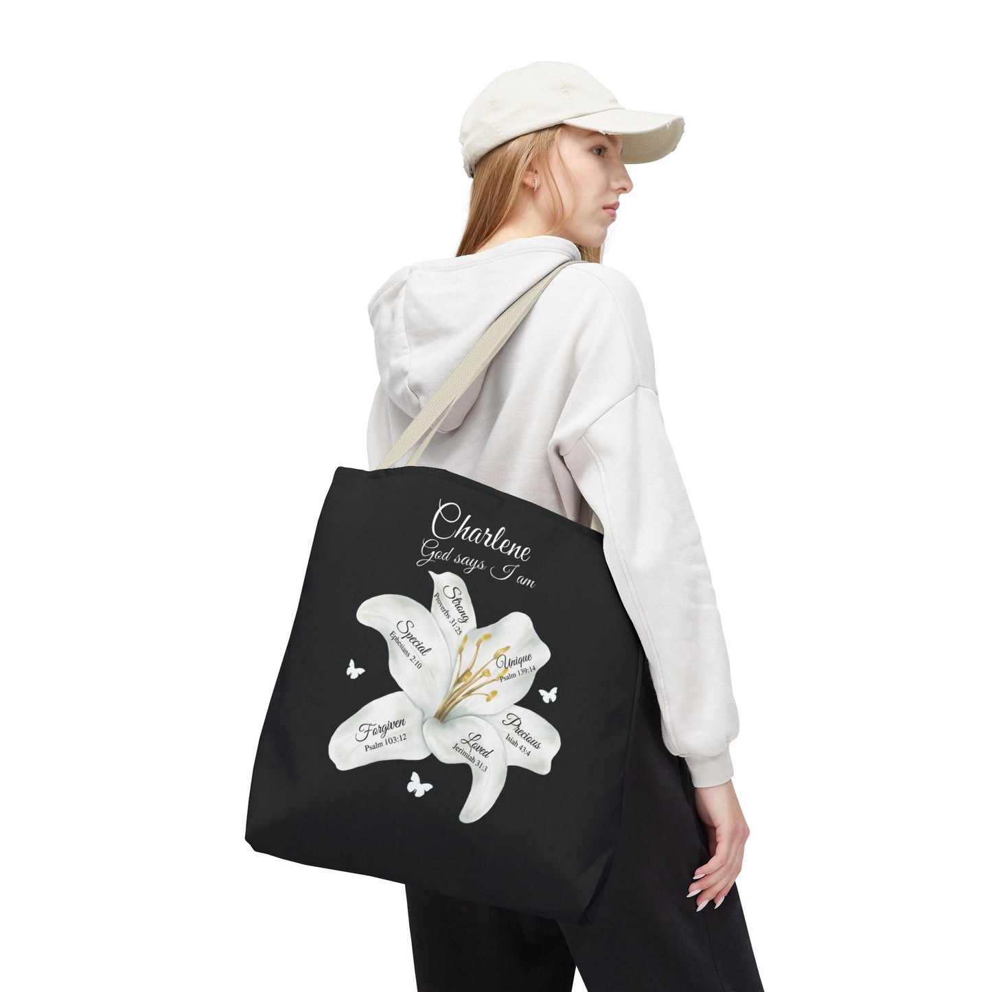 Personalized Lily Tote Bag - "God Says I Am" Inspirational Floral Tote