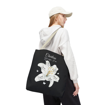 Personalized Lily Tote Bag - "God Says I Am" Inspirational Floral Tote