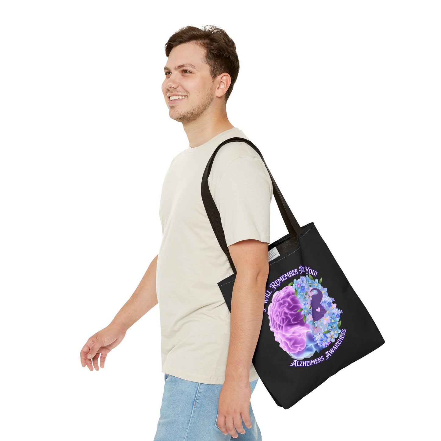 Alzheimer’s Awareness Tote Bag — “I Will Remember For You” Purple Brain Design