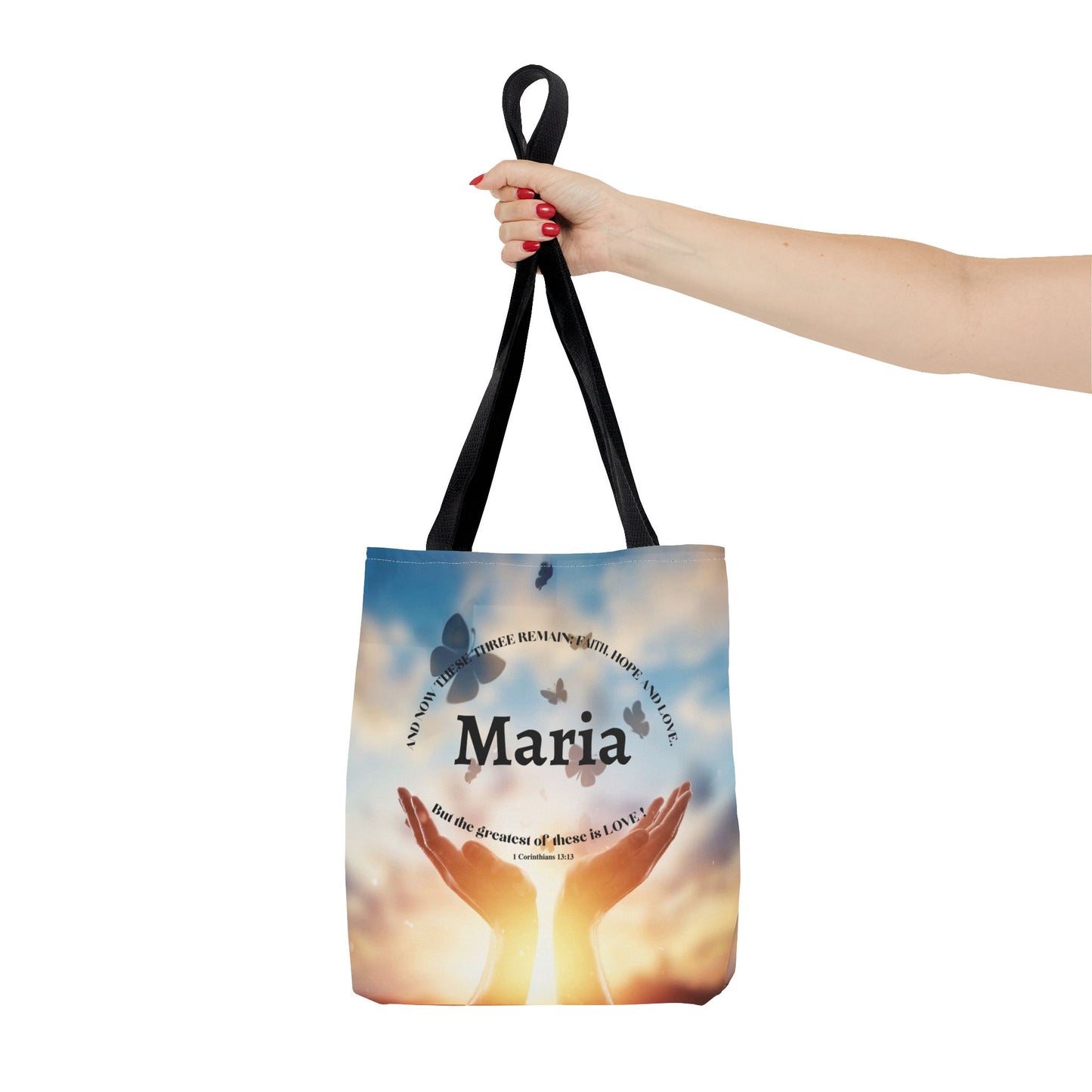 Inspirational Butterfly Tote Bag — Uplifting Hands & Quote All-Over Print