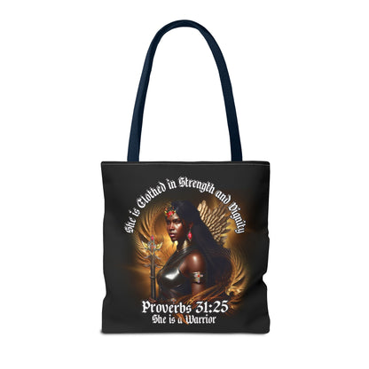 Proverbs 31:25 'She is Clothed in Strength' Warrior Tote Bag