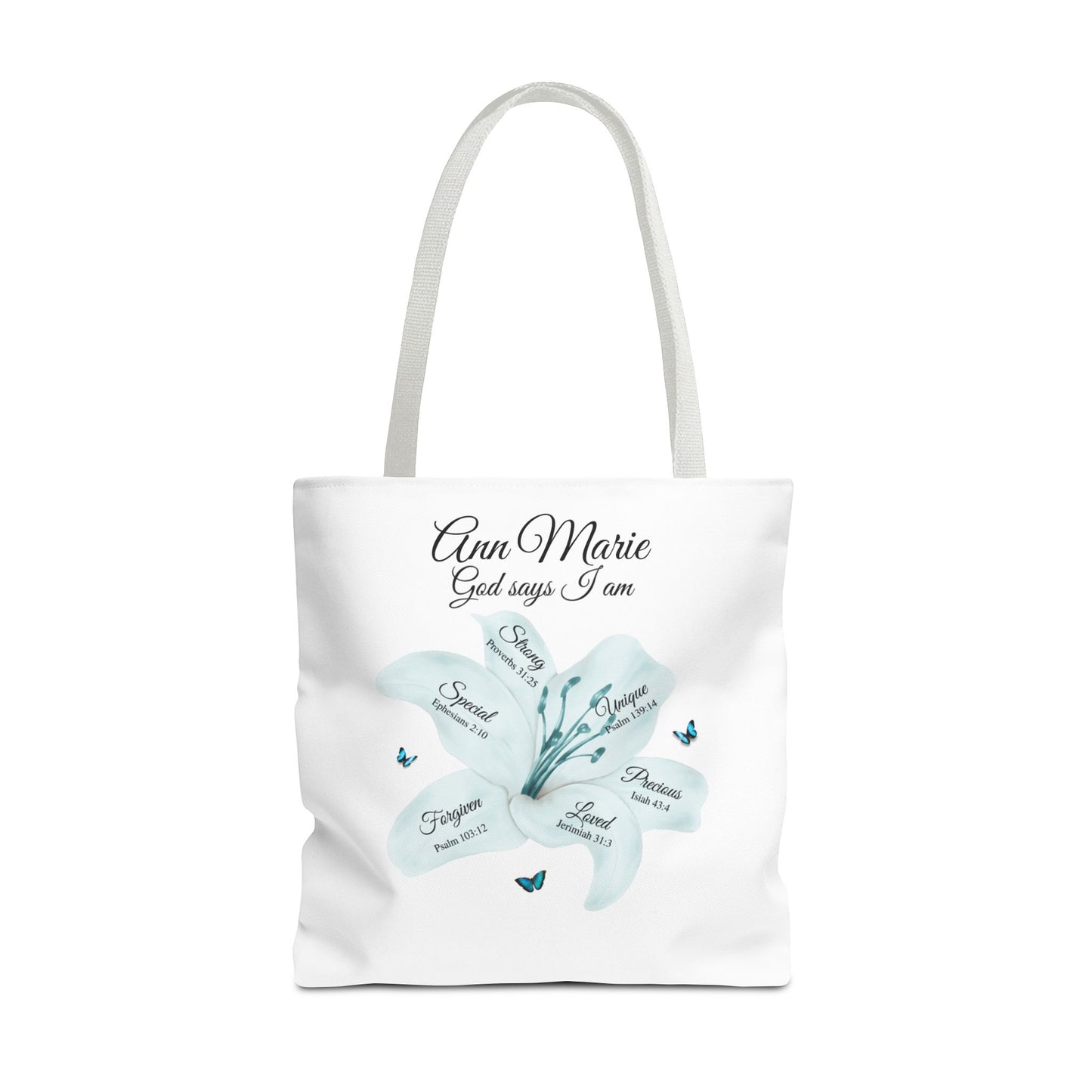 Personalized Floral Name Tote Bag – "God Says I Am" Inspirational Lily Tote