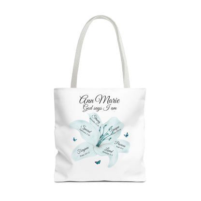 Personalized Floral Name Tote Bag – "God Says I Am" Inspirational Lily Tote