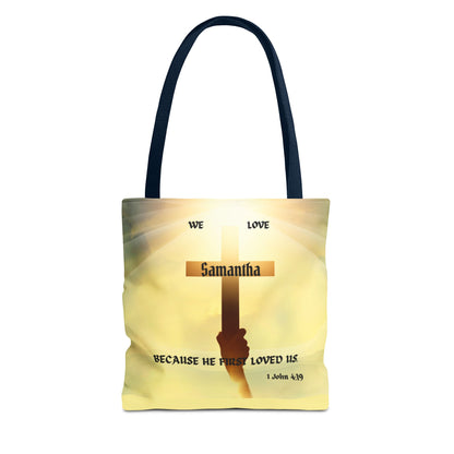 Personalized Christian Cross Tote Bag — "Samantha" Inspirational Scripture 1 John 4:19
