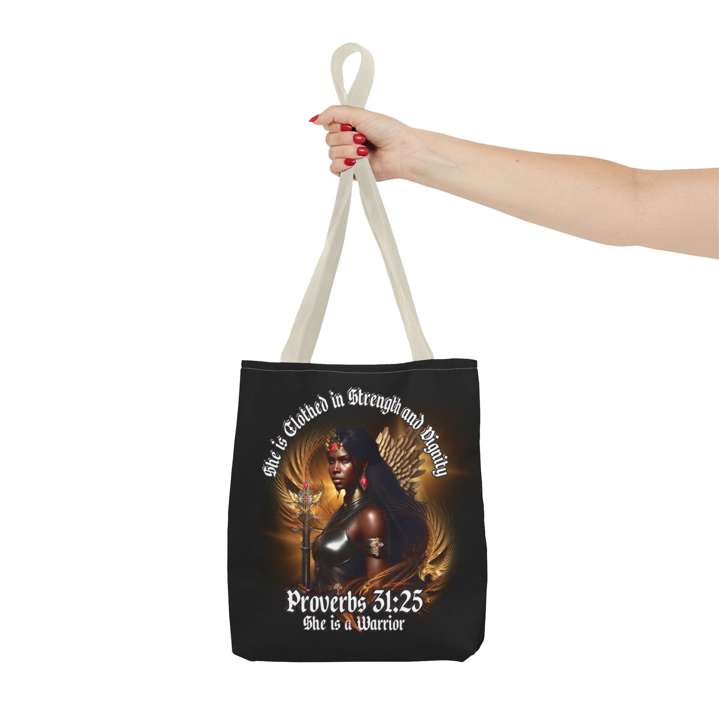Proverbs 31:25 'She is Clothed in Strength' Warrior Tote Bag