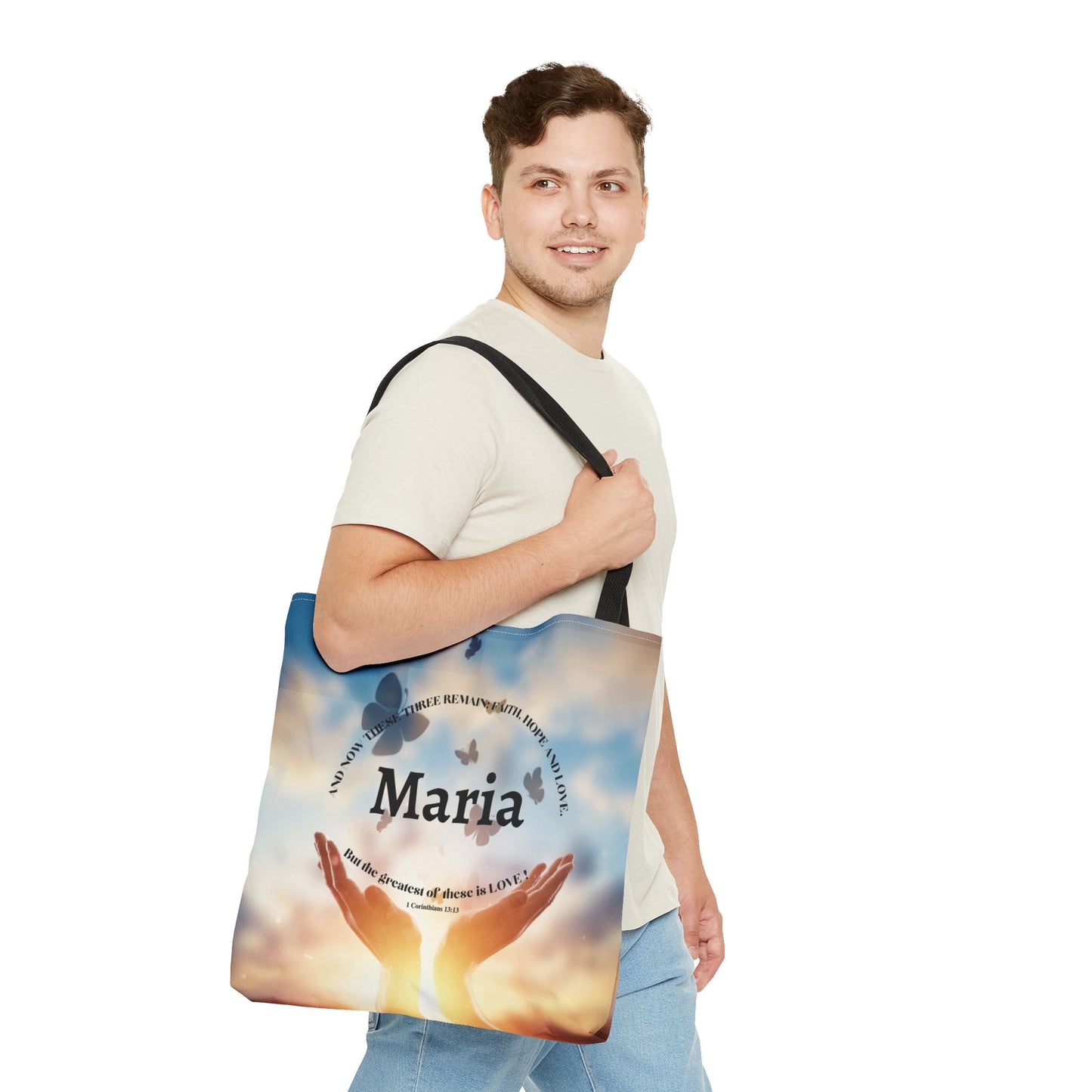 Inspirational Butterfly Tote Bag — Uplifting Hands & Quote All-Over Print