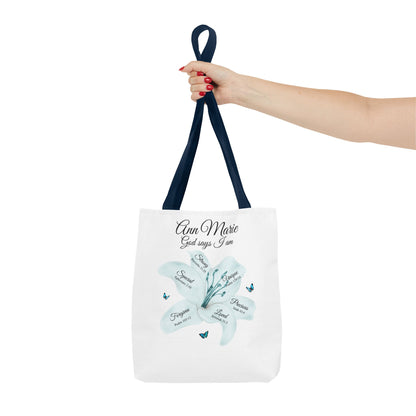 Personalized Floral Name Tote Bag – "God Says I Am" Inspirational Lily Tote