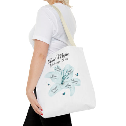 Personalized Floral Name Tote Bag – "God Says I Am" Inspirational Lily Tote