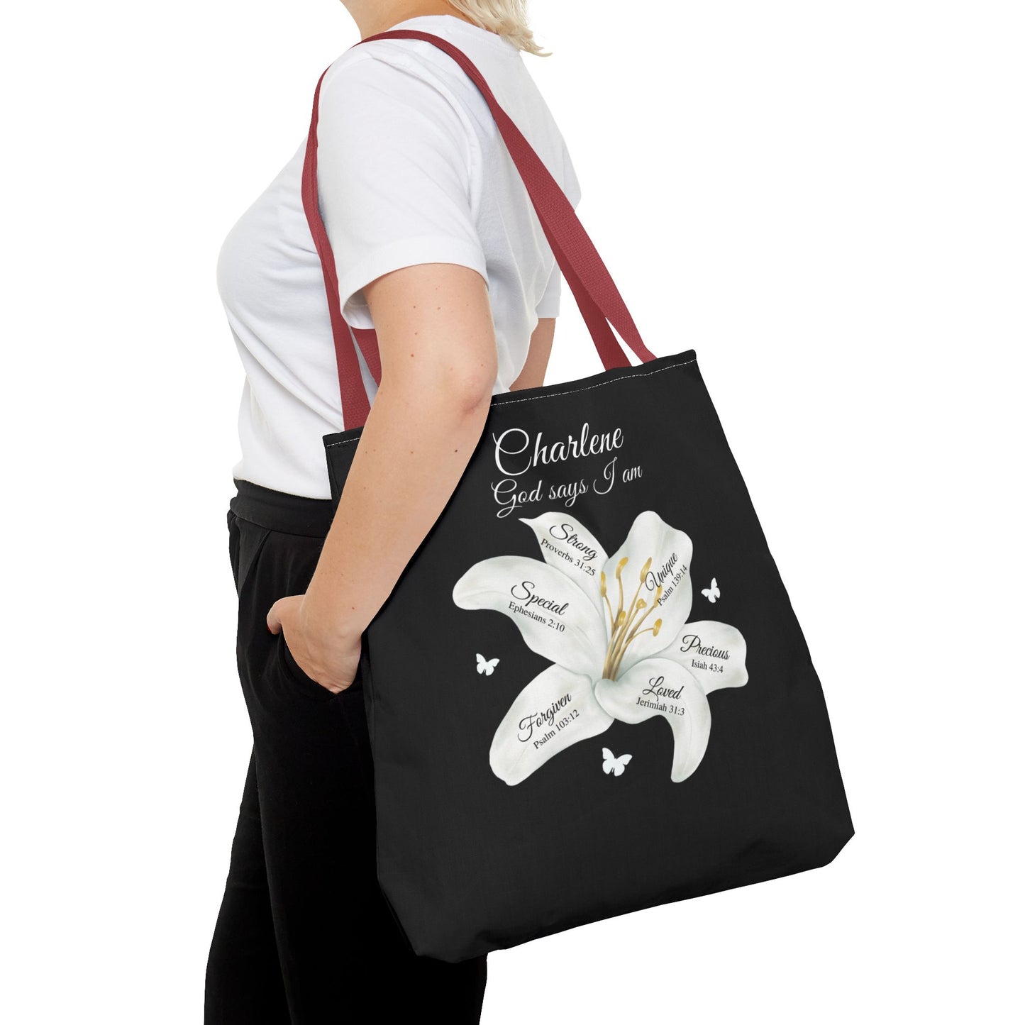Personalized Lily Tote Bag - "God Says I Am" Inspirational Floral Tote