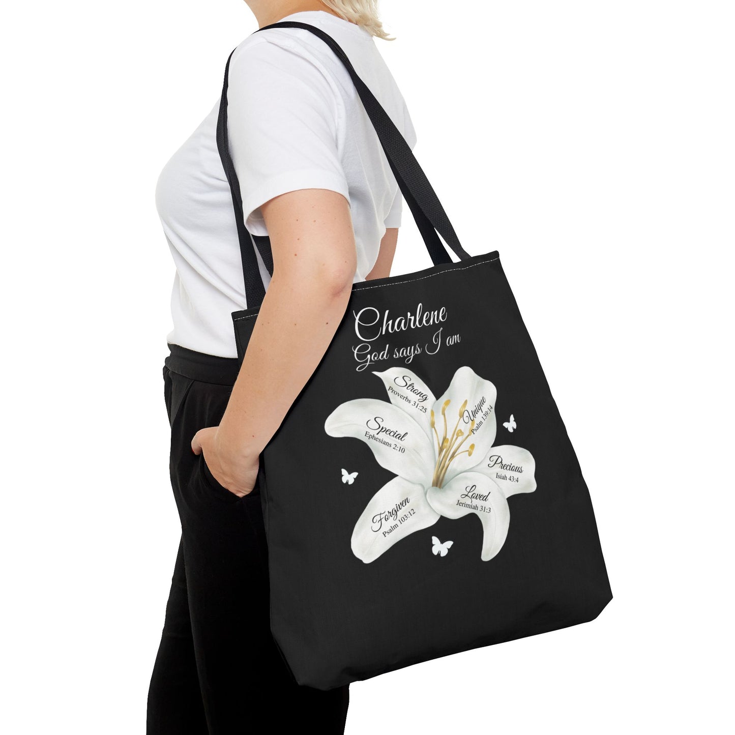 Personalized Lily Tote Bag - "God Says I Am" Inspirational Floral Tote