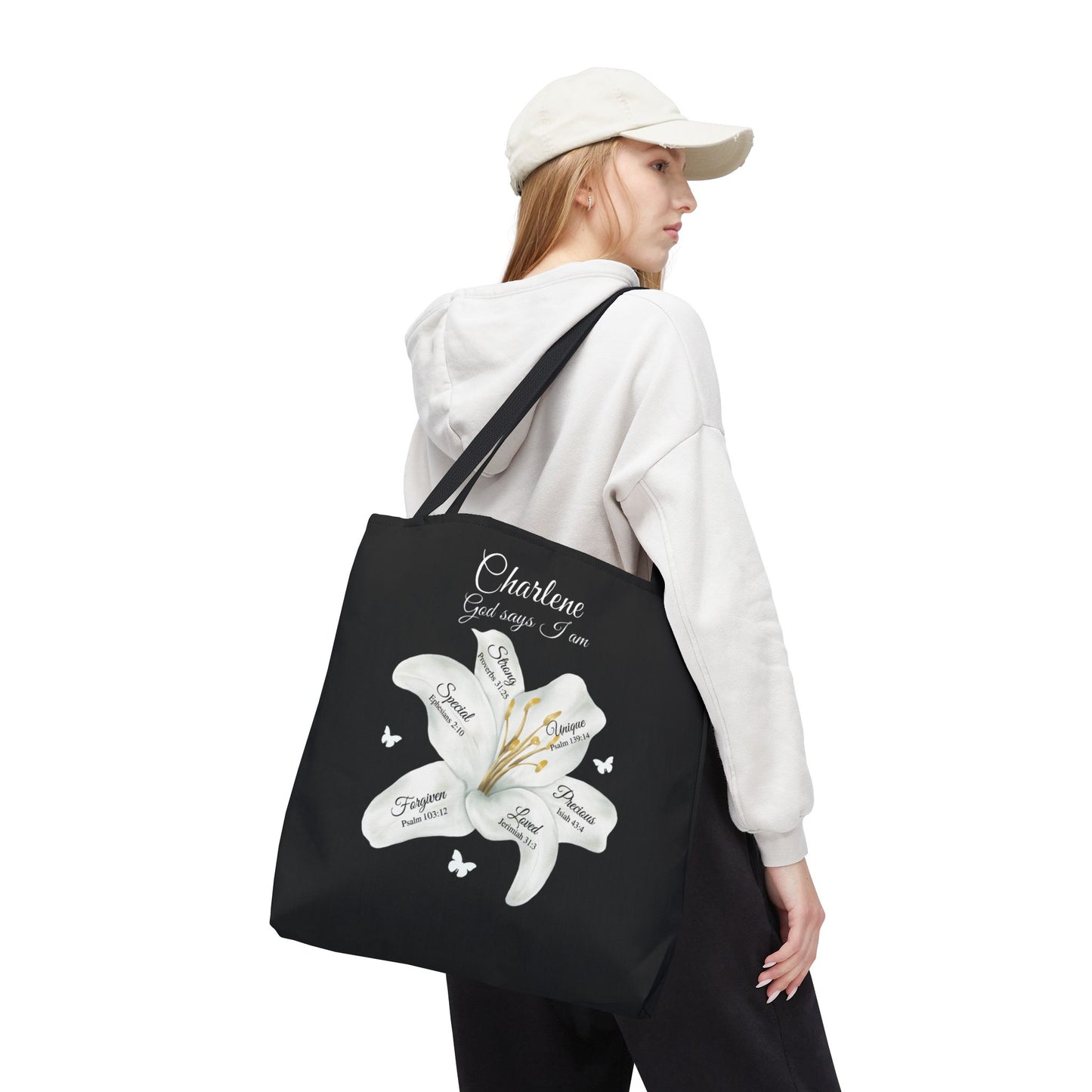 Personalized Lily Tote Bag - "God Says I Am" Inspirational Floral Tote