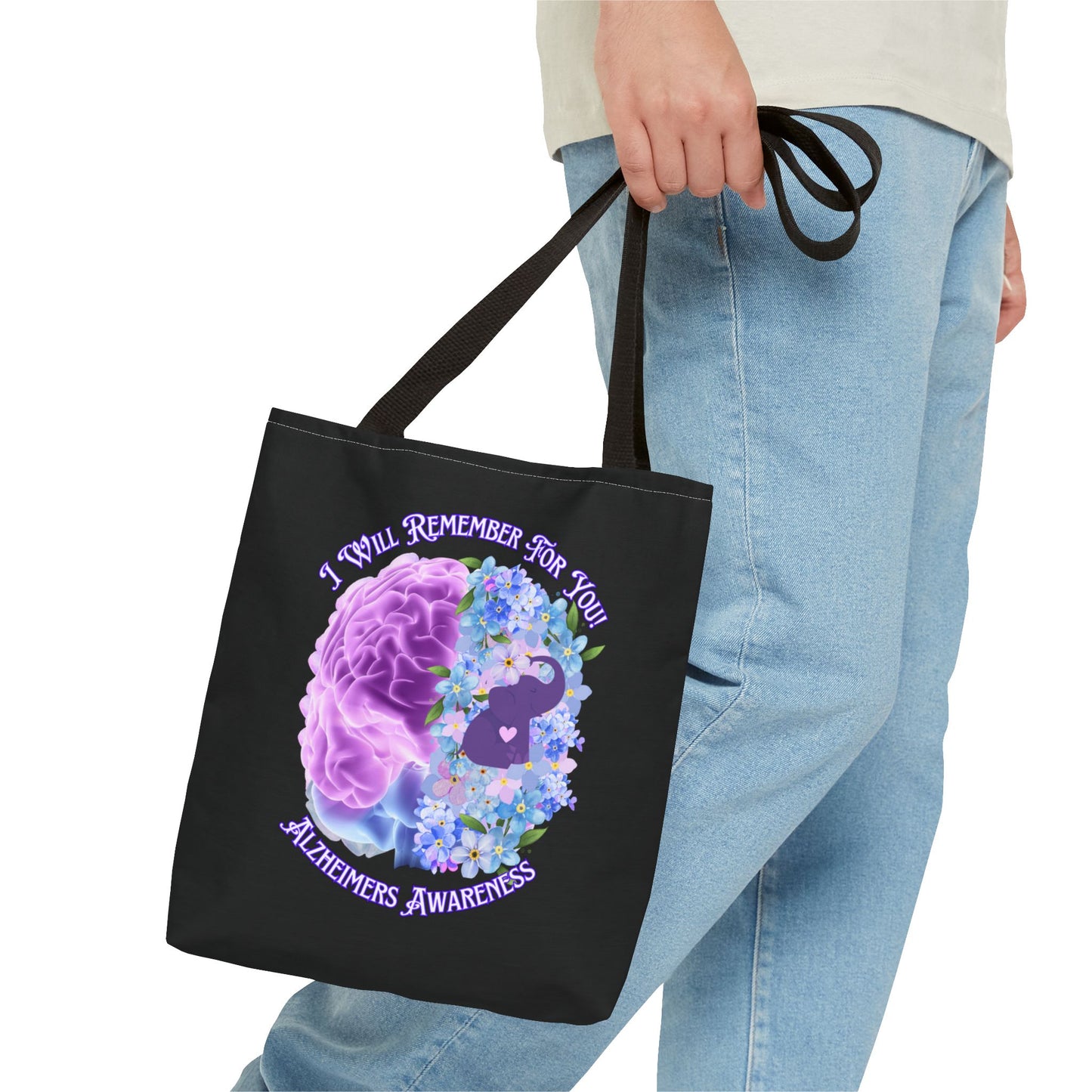 Alzheimer’s Awareness Tote Bag — “I Will Remember For You” Purple Brain Design