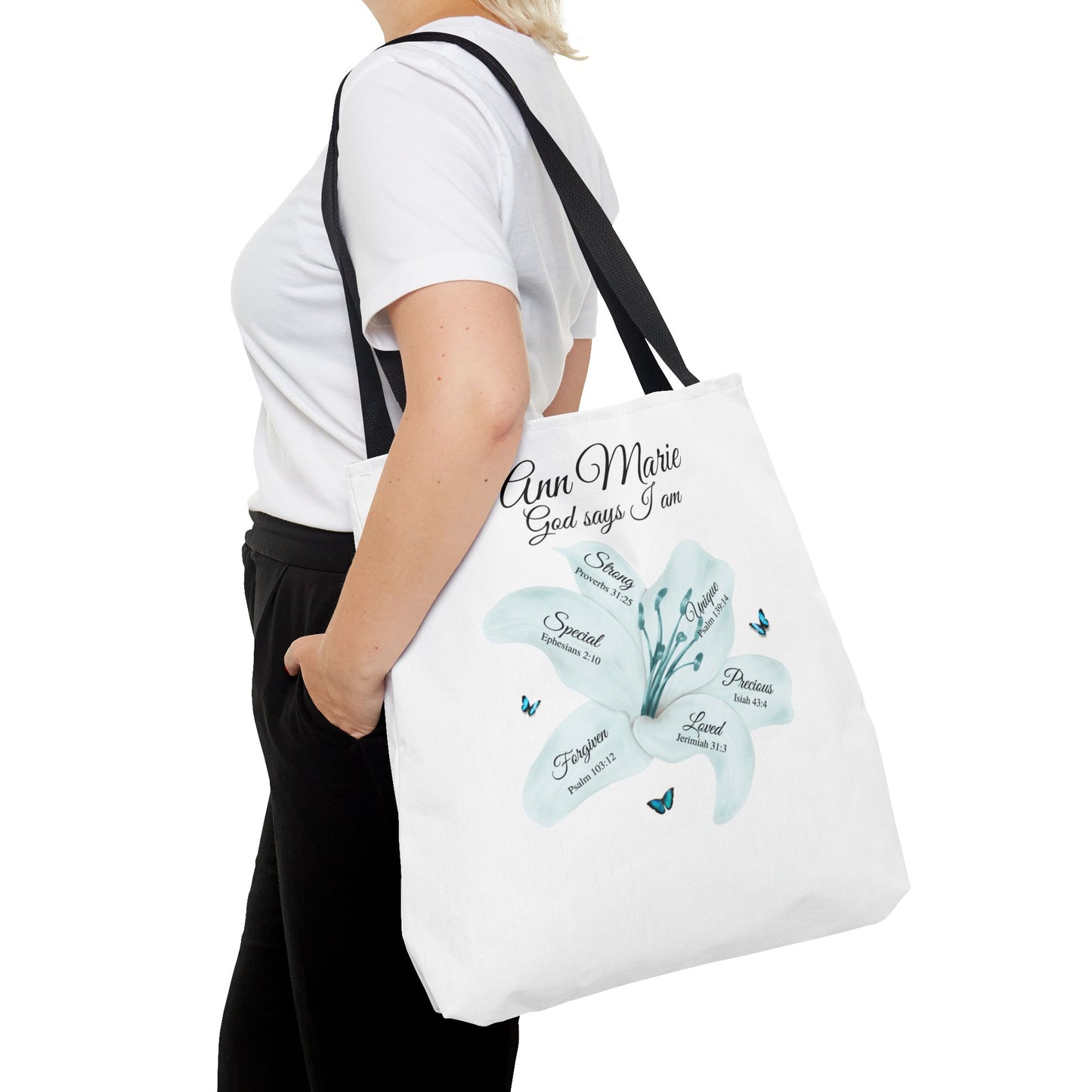 Personalized Floral Name Tote Bag – "God Says I Am" Inspirational Lily Tote