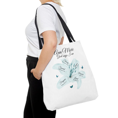 Personalized Floral Name Tote Bag – "God Says I Am" Inspirational Lily Tote