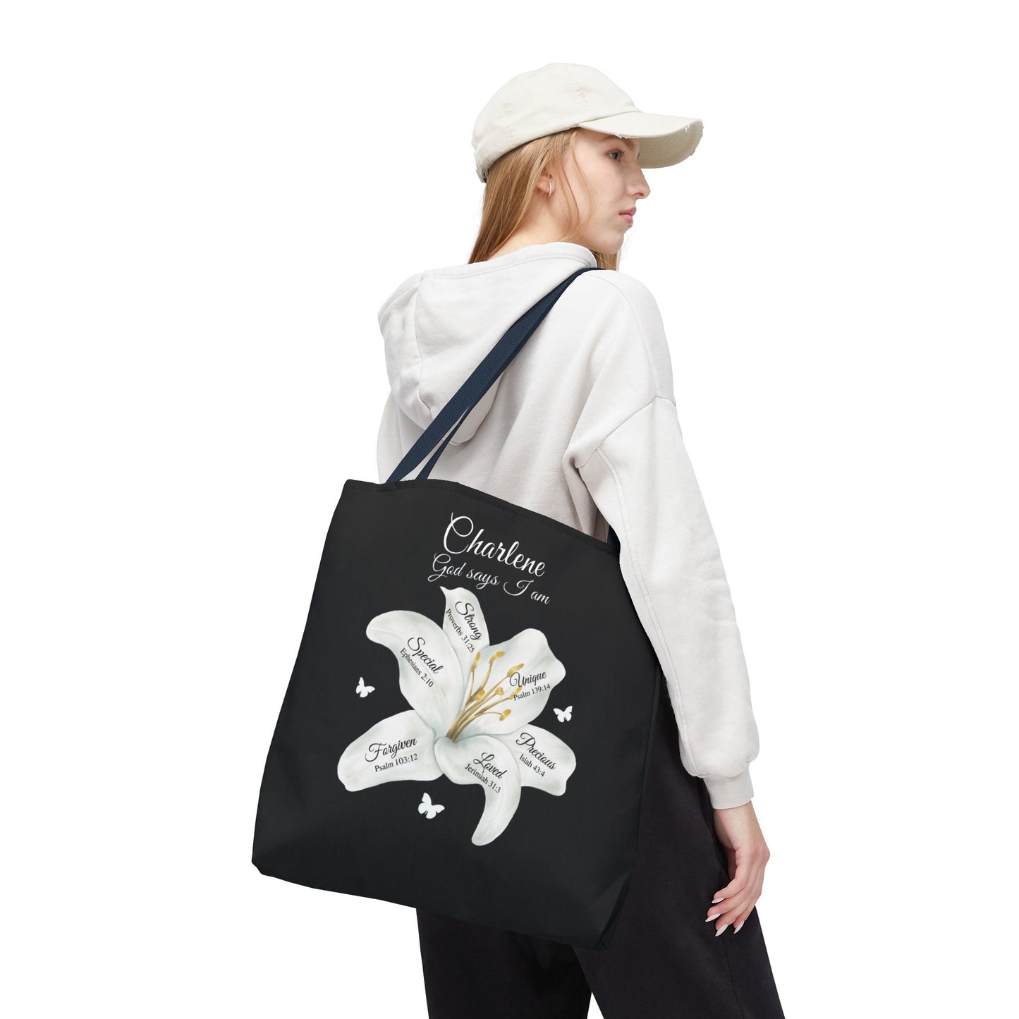 Personalized Lily Tote Bag - "God Says I Am" Inspirational Floral Tote