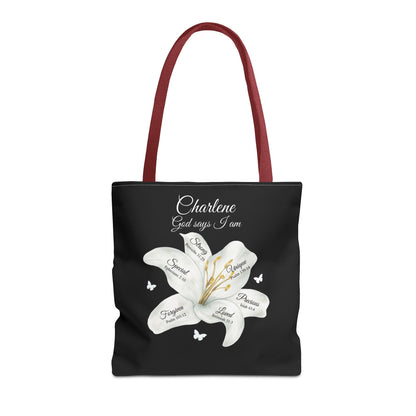 Personalized Lily Tote Bag - "God Says I Am" Inspirational Floral Tote