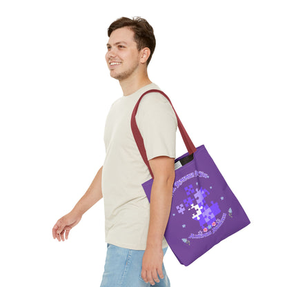 Autism Awareness Purple Puzzle Tote Bag – 'I Walk Because You Ride' Design