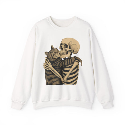 Skeleton and Cat Love Crewneck Sweatshirt, Cozy Unisex Pullover, Funny Sweatshirts, Halloween Gift, Pet Lover Apparel, Casual Fashion