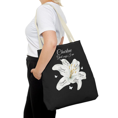 Personalized Lily Tote Bag - "God Says I Am" Inspirational Floral Tote