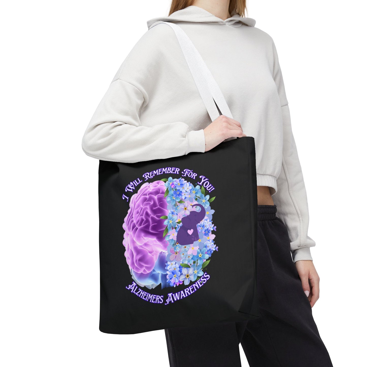 Alzheimer’s Awareness Tote Bag — “I Will Remember For You” Purple Brain Design