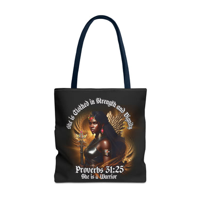 Proverbs 31:25 'She is Clothed in Strength' Warrior Tote Bag