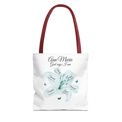 Personalized Floral Name Tote Bag – "God Says I Am" Inspirational Lily Tote