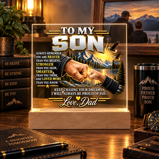 To My Son Acrylic Plaque from Dad – White Father & Son Fist Bump Gift
