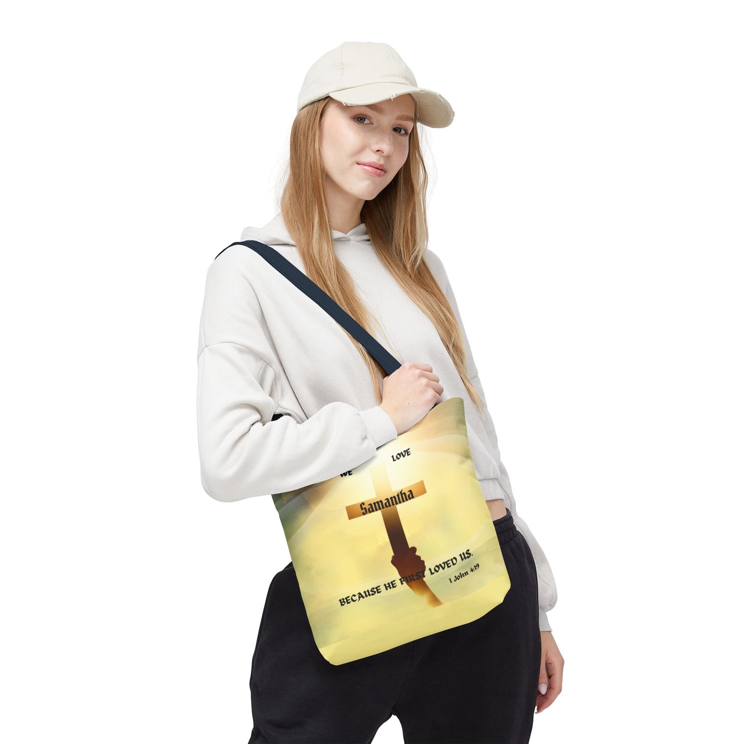 Personalized Christian Cross Tote Bag — "Samantha" Inspirational Scripture 1 John 4:19
