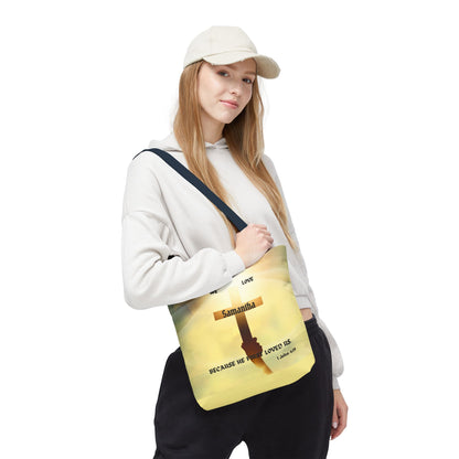 Personalized Christian Cross Tote Bag — "Samantha" Inspirational Scripture 1 John 4:19