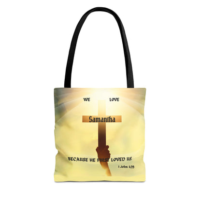 Personalized Christian Cross Tote Bag — "Samantha" Inspirational Scripture 1 John 4:19