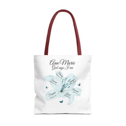 Personalized Floral Name Tote Bag – "God Says I Am" Inspirational Lily Tote