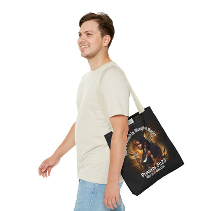 Proverbs 31:25 'She is Clothed in Strength' Warrior Tote Bag
