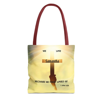Personalized Christian Cross Tote Bag — "Samantha" Inspirational Scripture 1 John 4:19