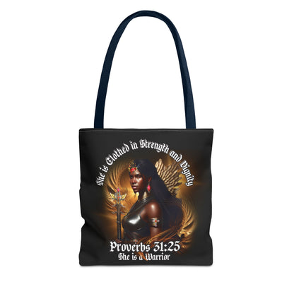 Proverbs 31:25 'She is Clothed in Strength' Warrior Tote Bag