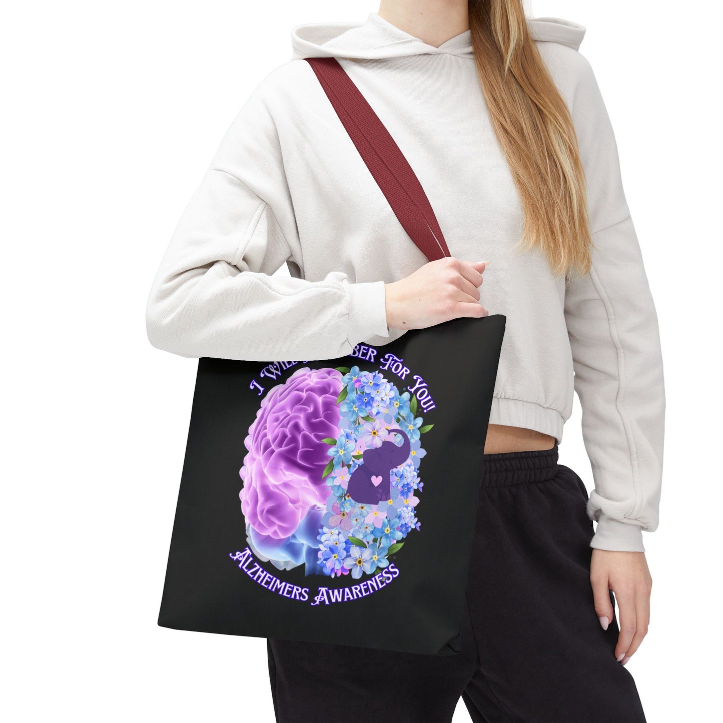 Alzheimer’s Awareness Tote Bag — “I Will Remember For You” Purple Brain Design