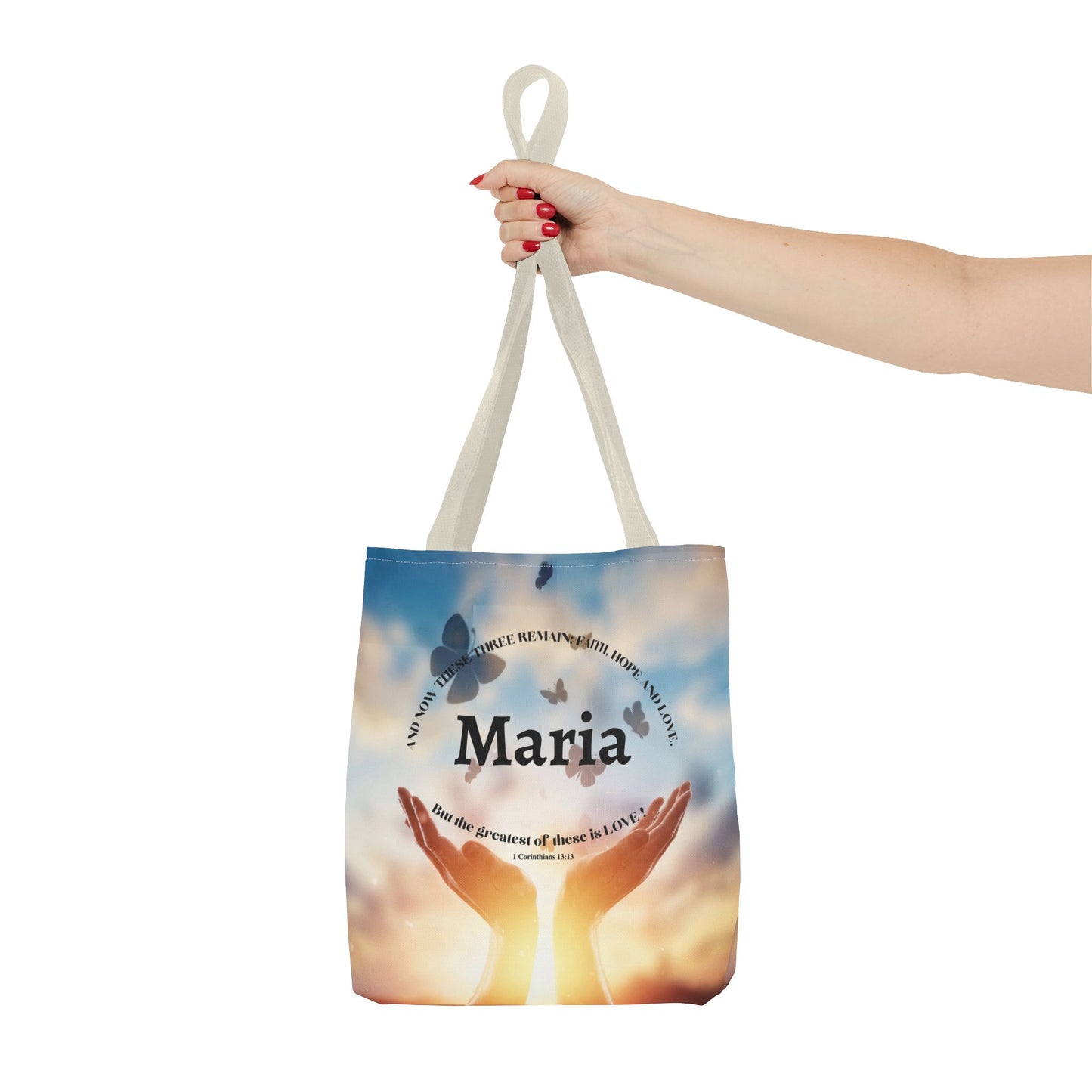 Inspirational Butterfly Tote Bag — Uplifting Hands & Quote All-Over Print
