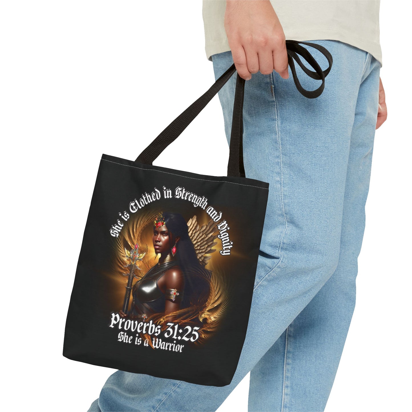 Proverbs 31:25 'She is Clothed in Strength' Warrior Tote Bag
