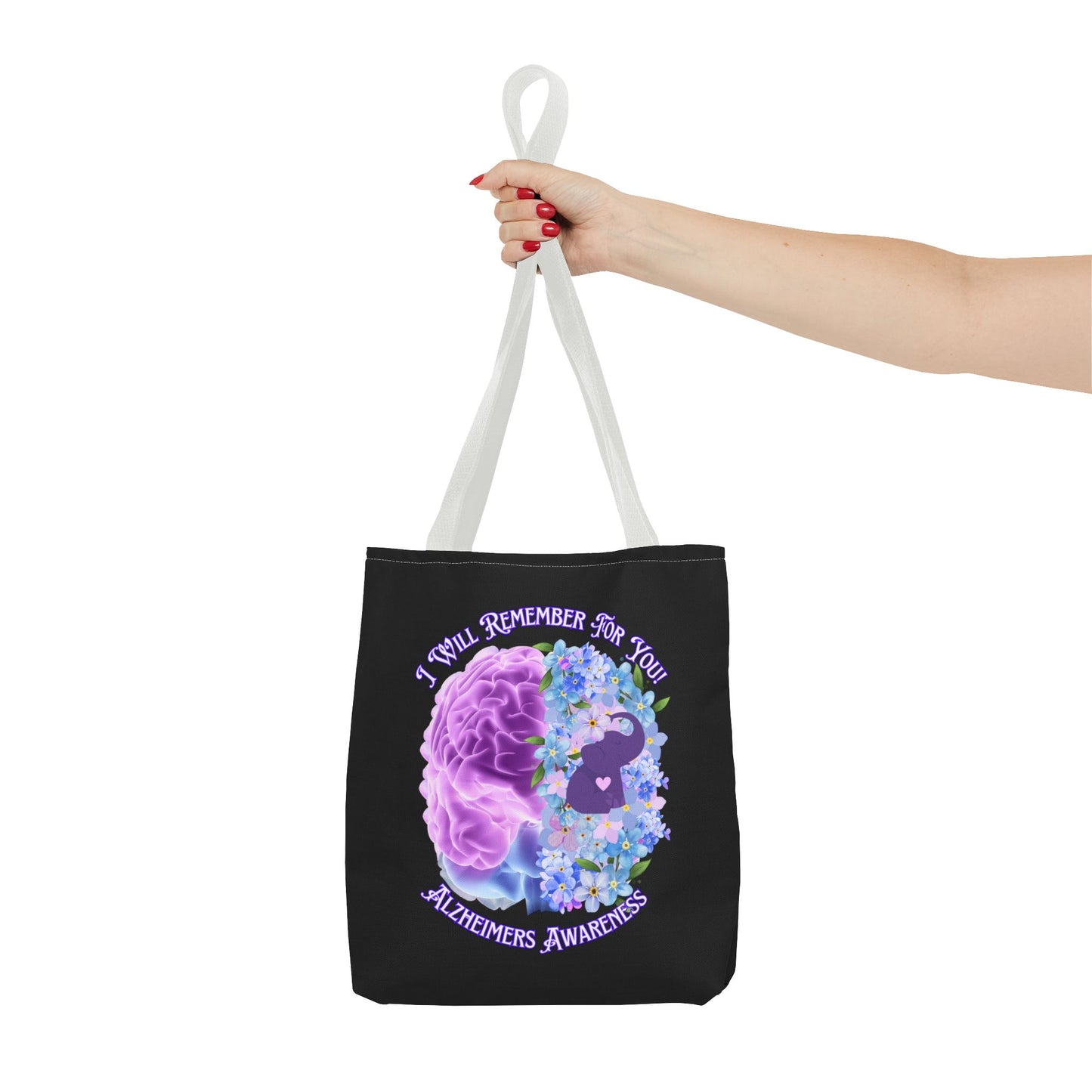 Alzheimer’s Awareness Tote Bag — “I Will Remember For You” Purple Brain Design