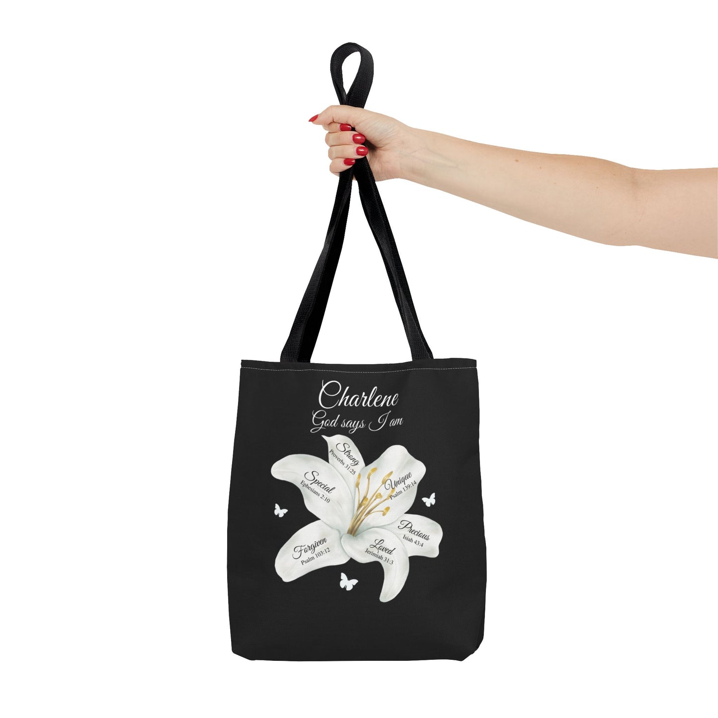 Personalized Lily Tote Bag - "God Says I Am" Inspirational Floral Tote
