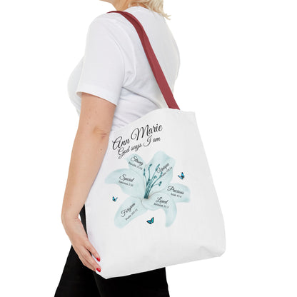 Personalized Floral Name Tote Bag – "God Says I Am" Inspirational Lily Tote