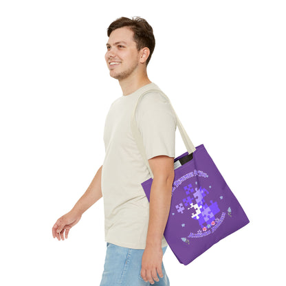 Autism Awareness Purple Puzzle Tote Bag – 'I Walk Because You Ride' Design