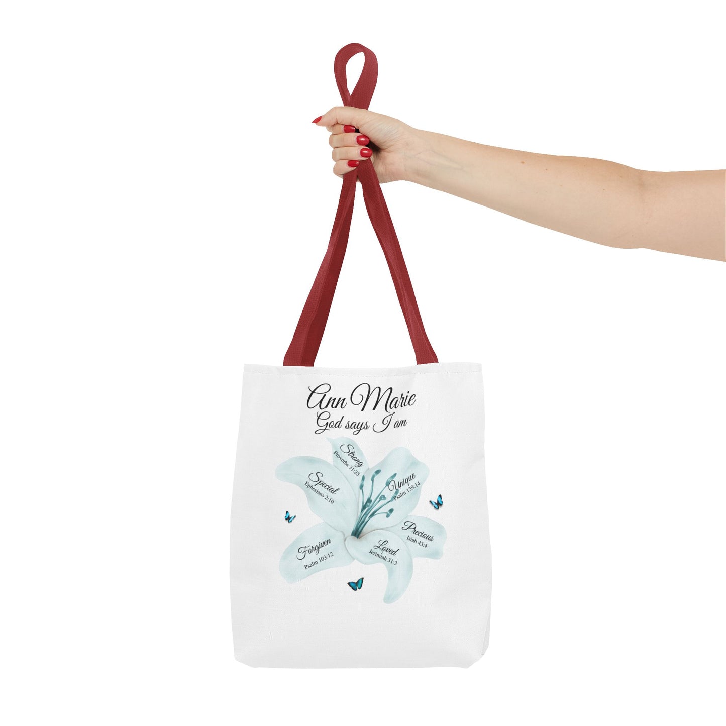 Personalized Floral Name Tote Bag – "God Says I Am" Inspirational Lily Tote