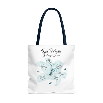 Personalized Floral Name Tote Bag – "God Says I Am" Inspirational Lily Tote