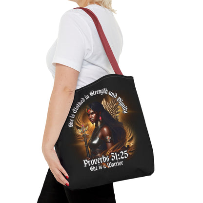 Proverbs 31:25 'She is Clothed in Strength' Warrior Tote Bag